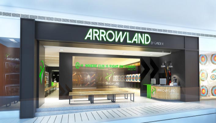 Arrowland by Gandiva storefront rendering showing modern archery range entrance at SM Megamall